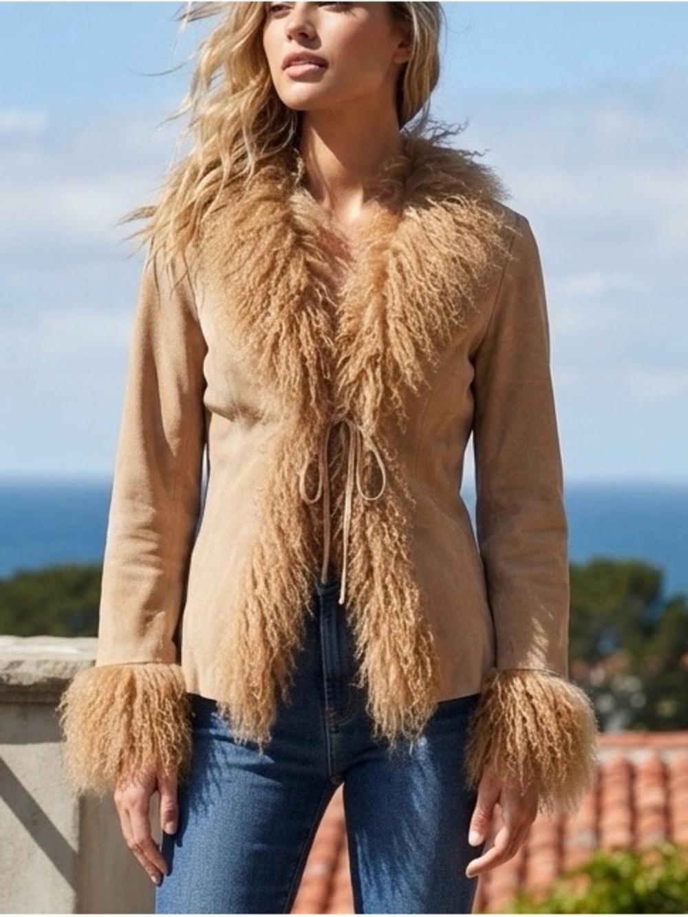 Vintage Express Suede Tan Faux-Shearling Trim Jacket with front closure